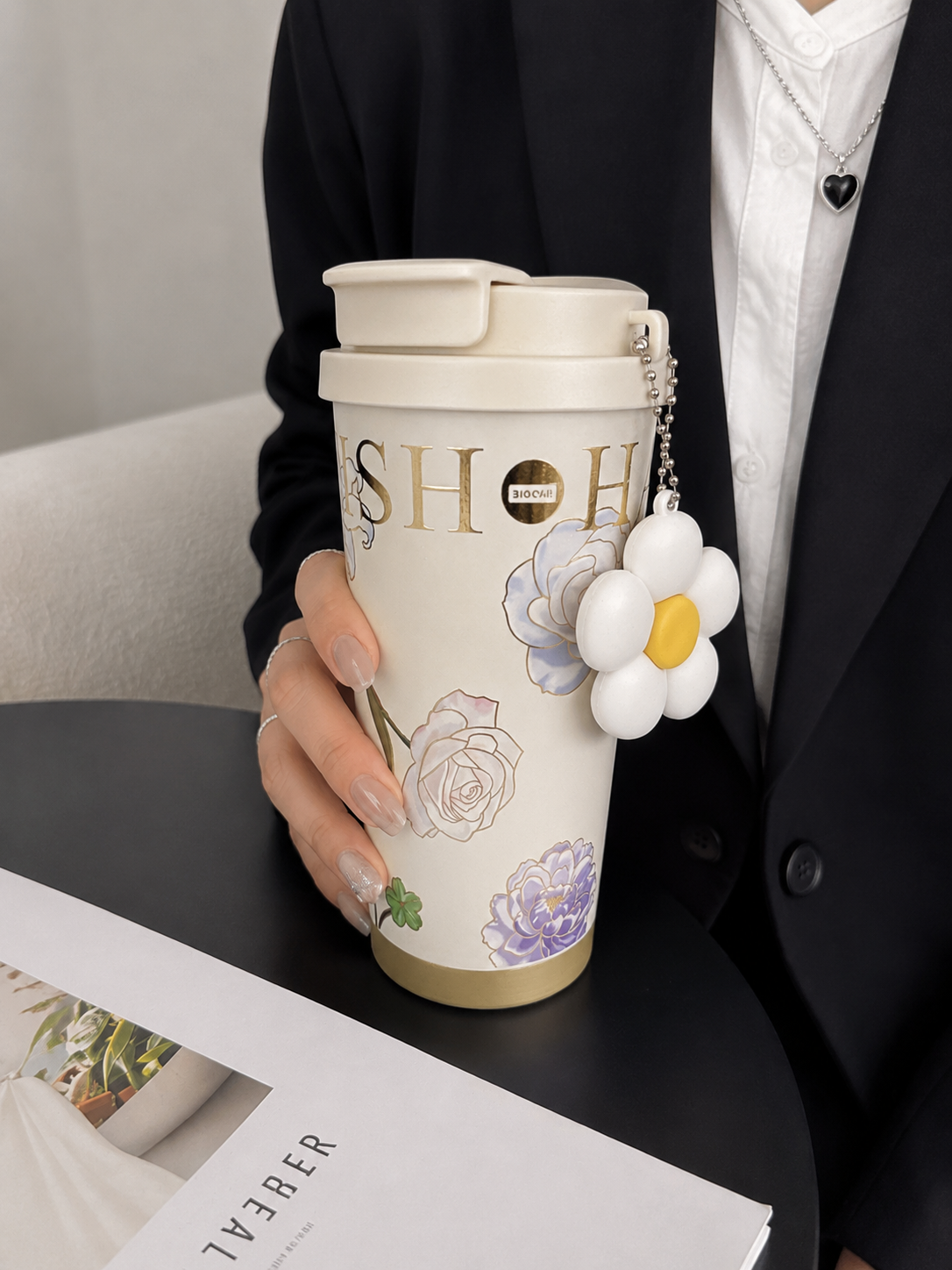 Lily Wish Insulated Stainless Steel Coffee Mug with Flower Charm- 520 ml