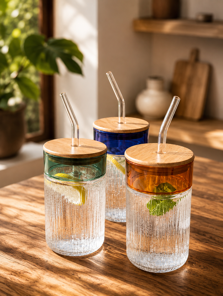 Nordic Ribbed Glass Tumbler with Bamboo Lid & Glass Straw -500 ml