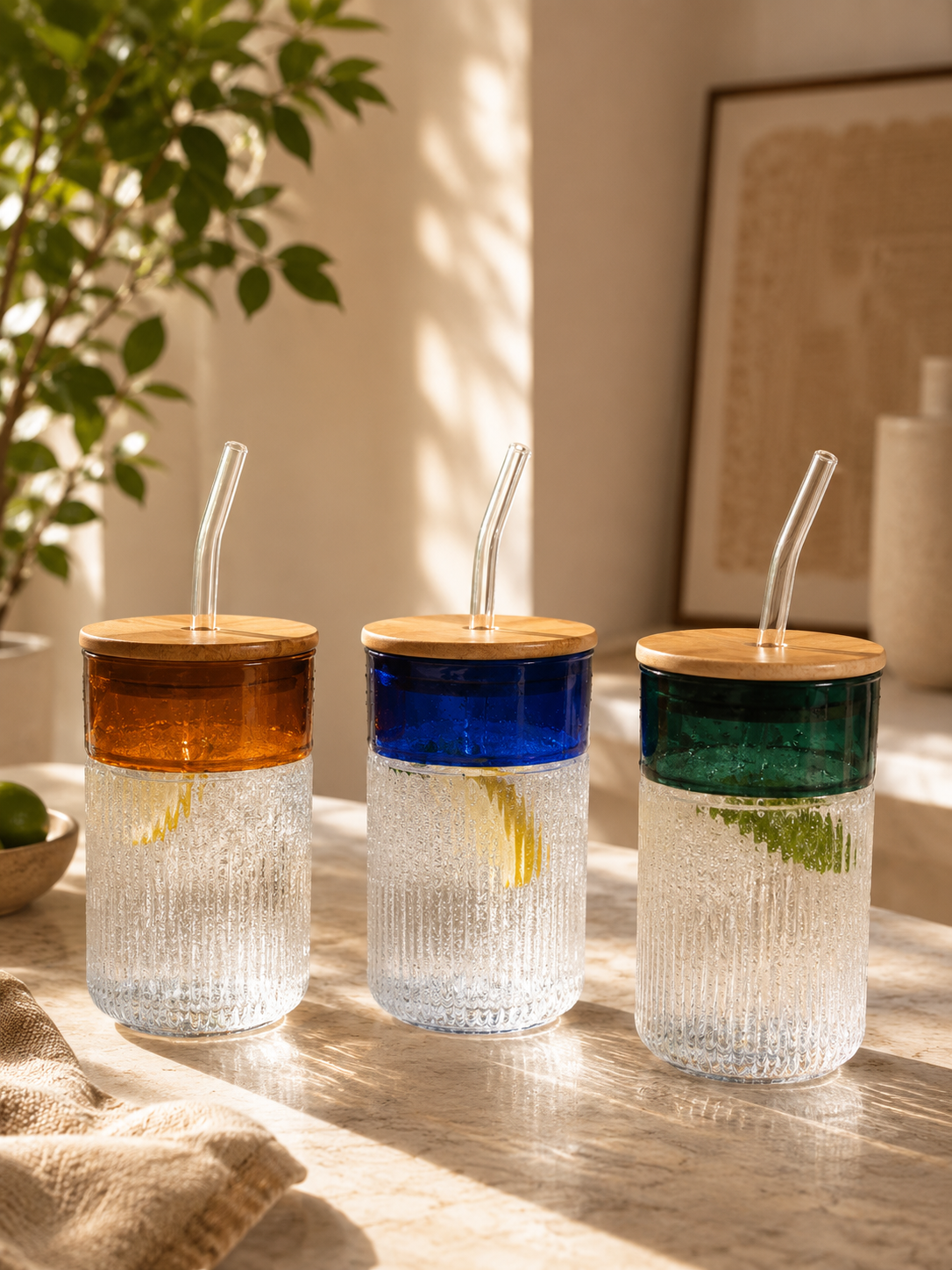 Nordic Ribbed Glass Tumbler with Bamboo Lid & Glass Straw -500 ml
