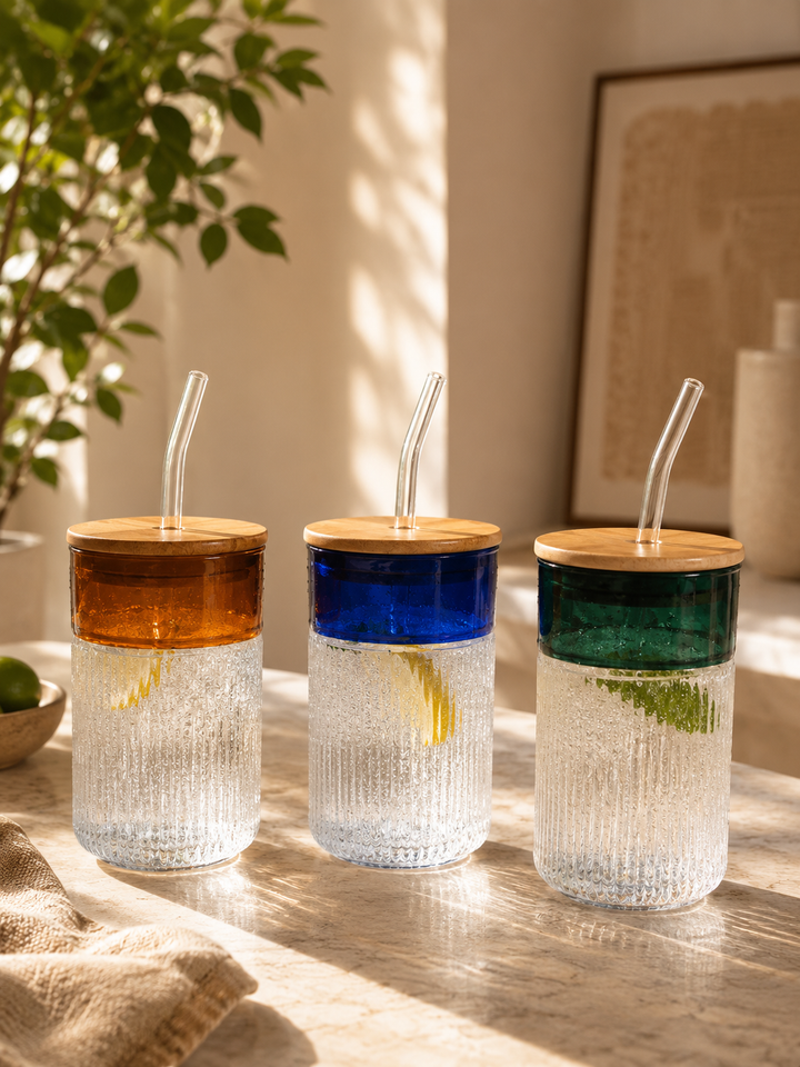 Nordic Ribbed Glass Tumbler with Bamboo Lid & Glass Straw -500 ml
