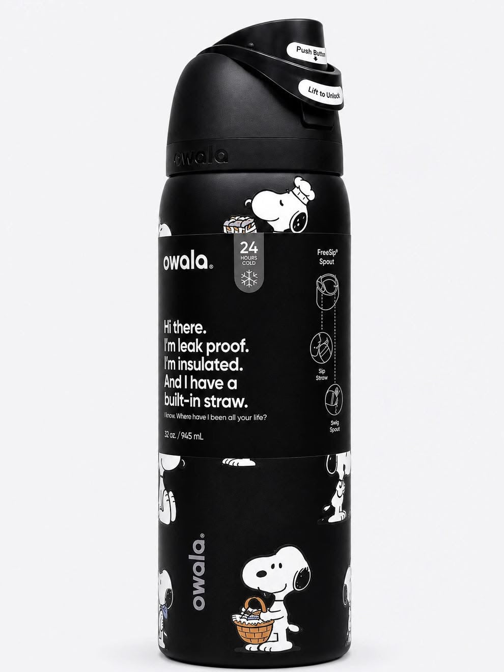 Snoopy Owala FreeSip Bottle - 32 oz black